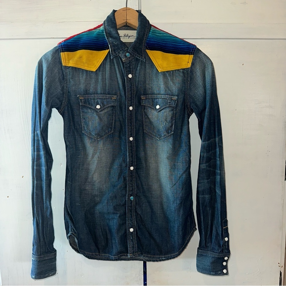 True Religion GEORGIA BAJA WESTERN Shirt Aztec Denim Pearl Snap Serape S: XS / S - Picture 5 of 10